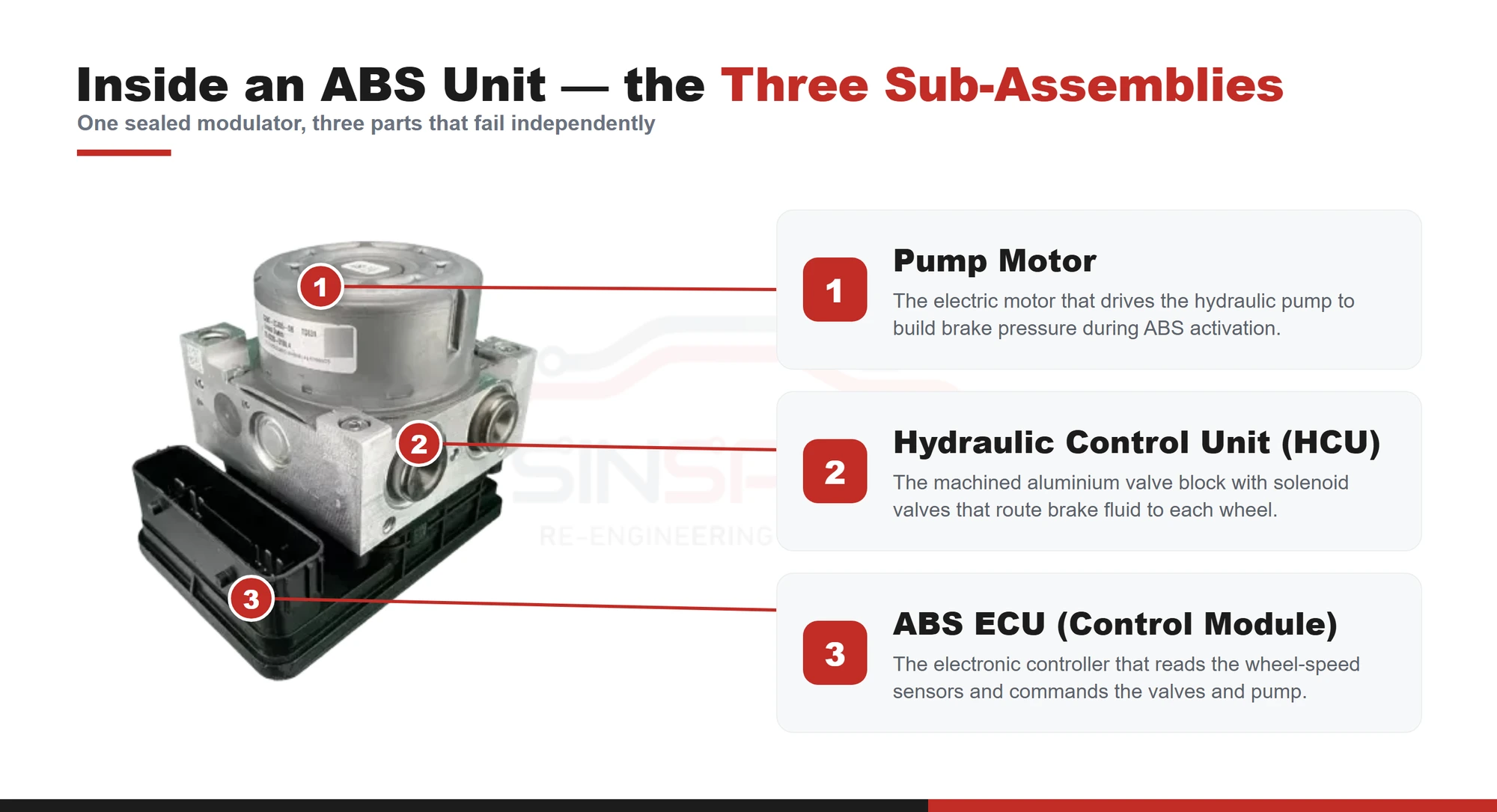 Labelled photo of a real ABS modulator showing its three sub-assemblies: the pump motor, the hydraulic control unit (HCU) and the ABS ECU control module