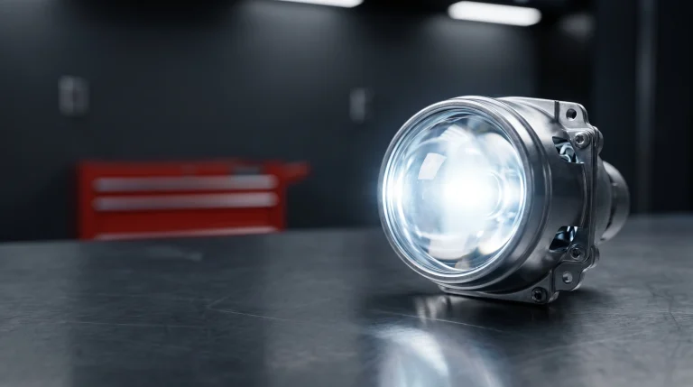 Xenon HID projector headlight lit on a workshop bench