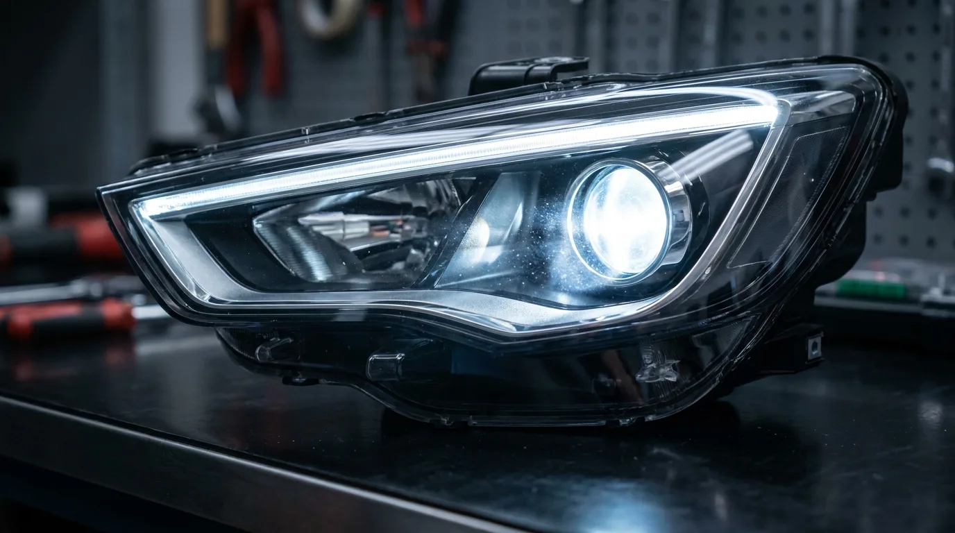 A glowing xenon HID projector headlight on a workshop bench