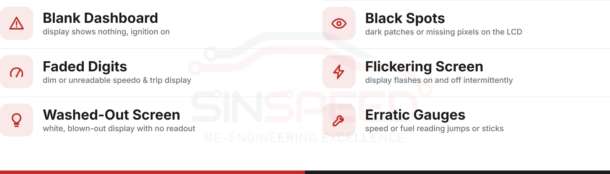 Checklist of six C4 Picasso instrument cluster failure symptoms: blank dashboard, black spots, faded digits, flickering screen, washed-out screen, erratic gauges