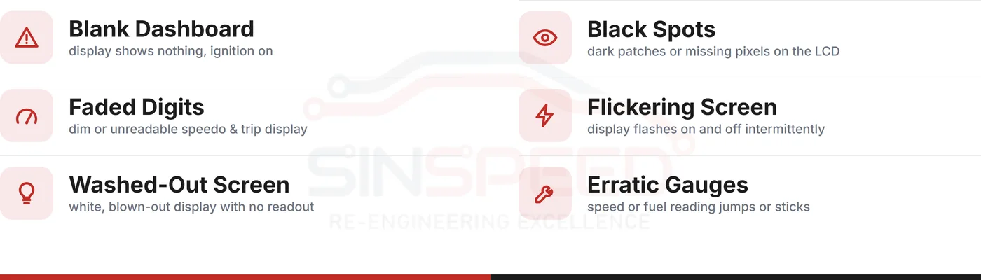 Checklist of six C4 Picasso instrument cluster failure symptoms: blank dashboard, black spots, faded digits, flickering screen, washed-out screen, erratic gauges
