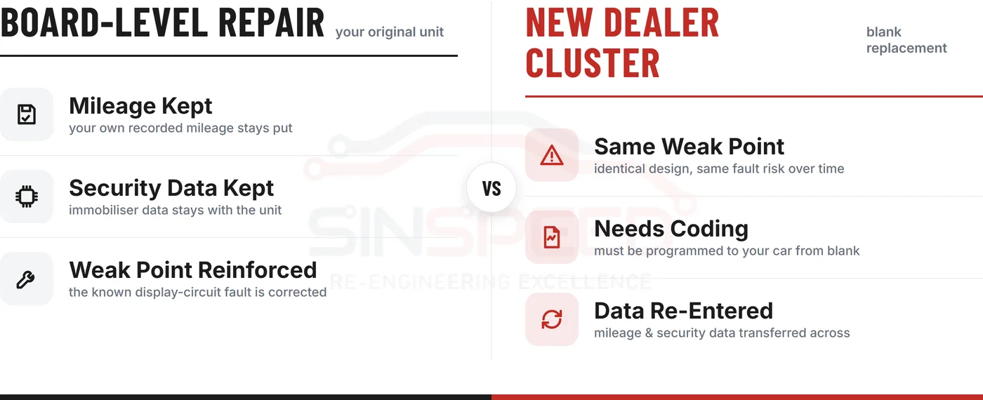 Comparison of board-level cluster repair versus a new dealer cluster: mileage and security data kept versus needing coding and data transfer
