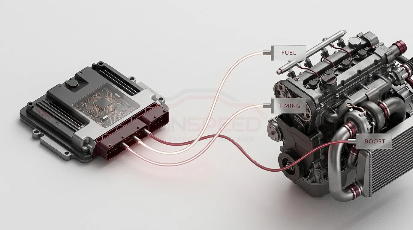 Diagram of a diesel remap recalibrating fuel, timing and boost via the ECU