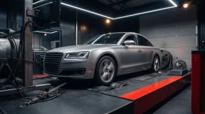 Silver saloon car on a rolling-road dynamometer during a diesel remap power run at a tuning workshop