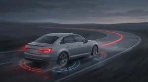 Illustration of a car cornering on a wet road with red stability-control sensor arcs holding it on its line
