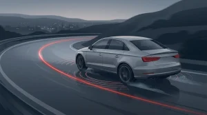 Illustration of a car cornering on a wet road with red stability-control sensor arcs holding it on its line