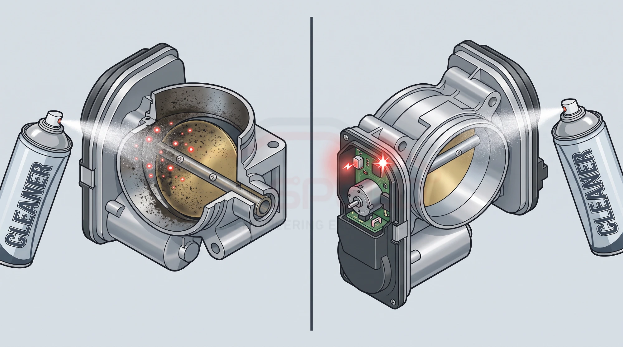 Diagram contrasting a carbon-fouled throttle body that responds to cleaner with the Nissan Micra's throttle body, whose fault is electrical and sealed inside the unit where cleaner cannot reach