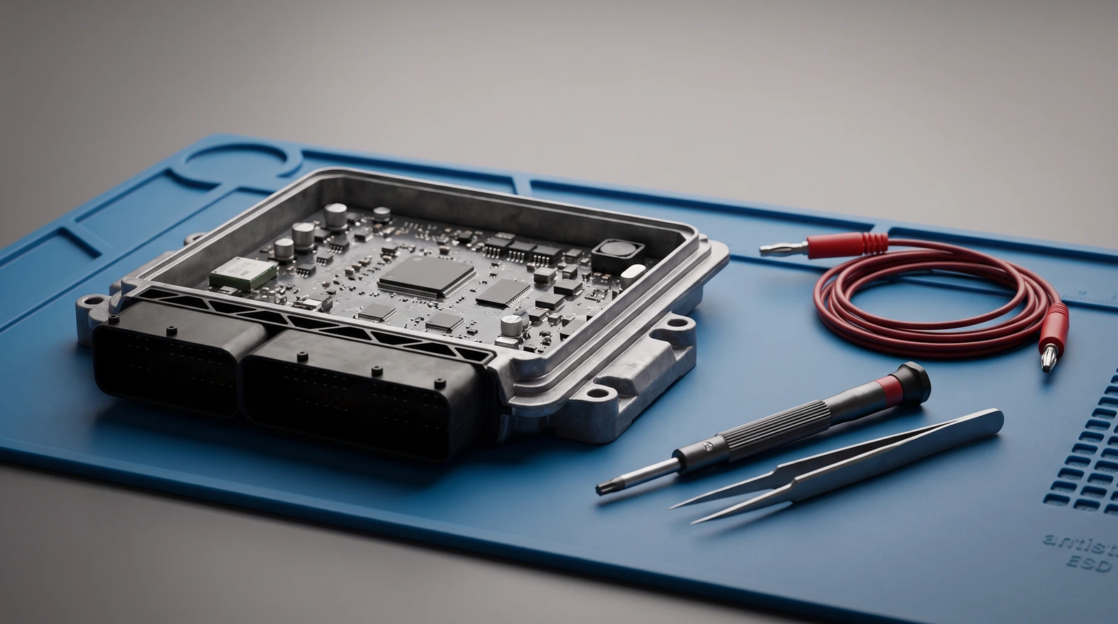 Vehicle electronic control module opened on an antistatic bench mat