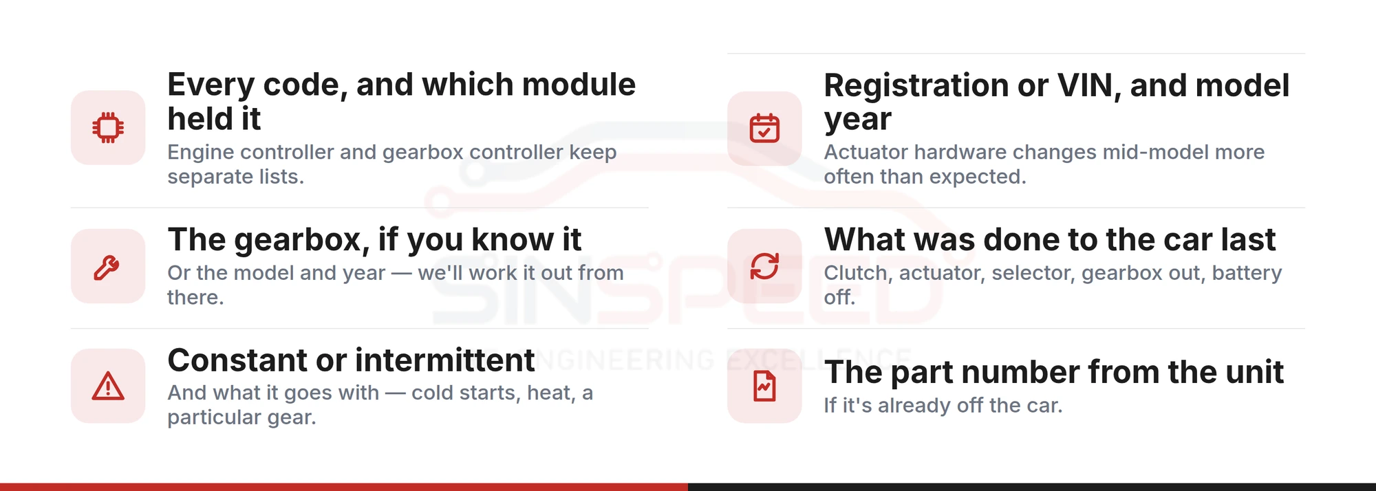 Checklist of what to send with a clutch actuator repair form: every code and which module held it, registration or VIN and model year, the gearbox if known, what was done last, constant or intermittent, and the part number
