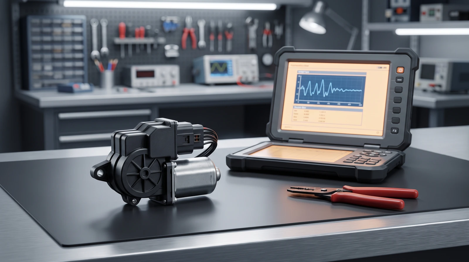 Automated-manual clutch actuator unit beside a rugged diagnostic scan tool on a UK auto-electronics workshop bench