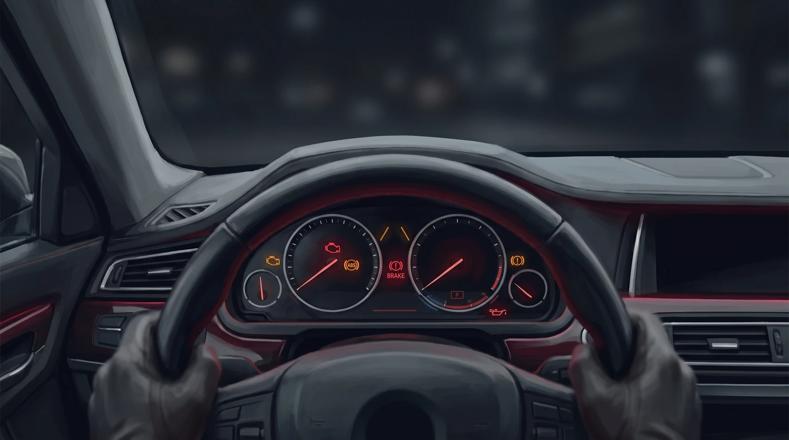 Close-up of a car steering wheel and instrument cluster at night with red and amber dashboard warning lights illuminated