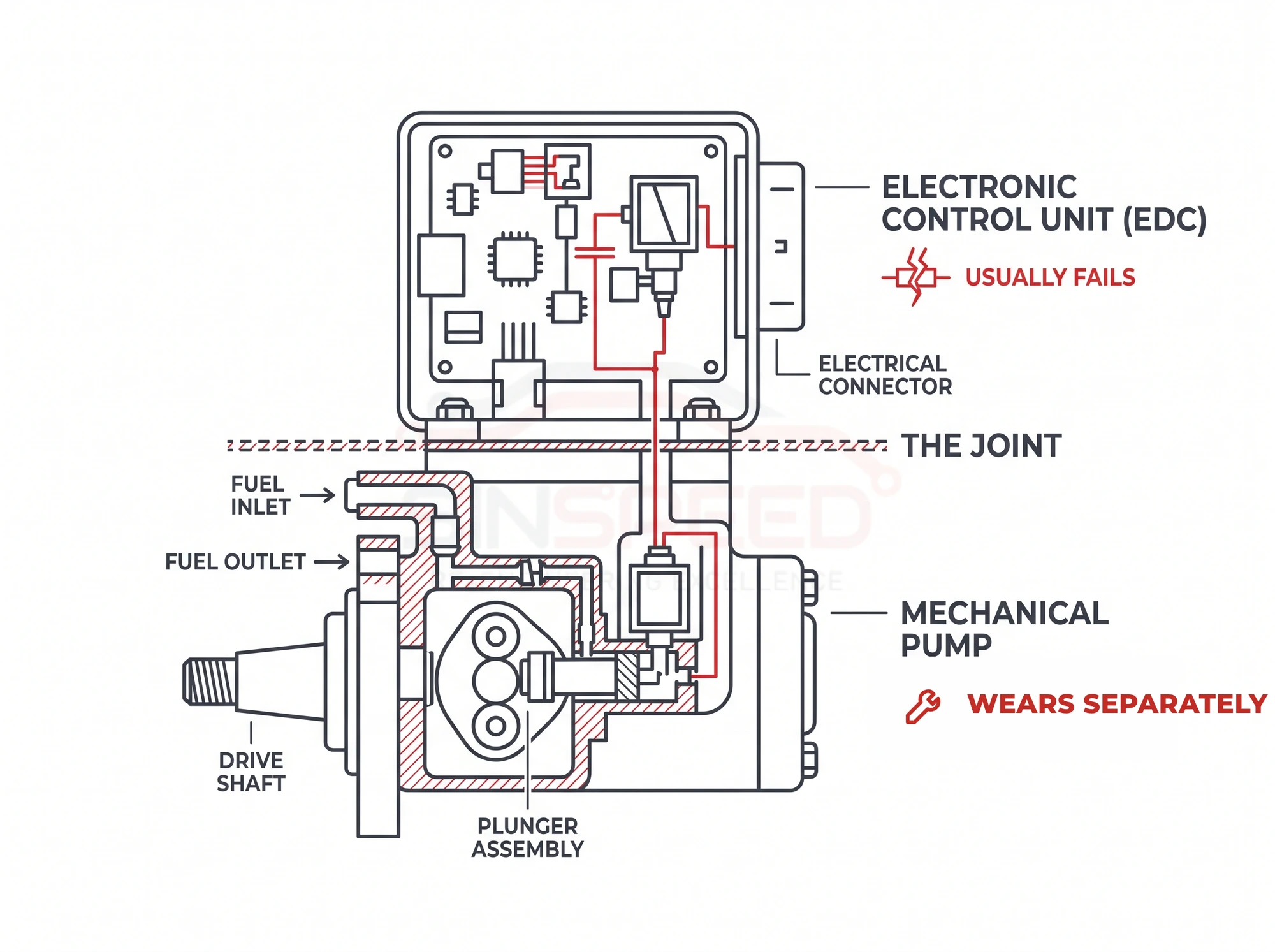 Cutaway diagram of a VP44/PSG5 diesel pump: the electronic control unit (EDC) bolted on top, labelled usually fails, above the mechanical pump body below the joint, labelled wears separately