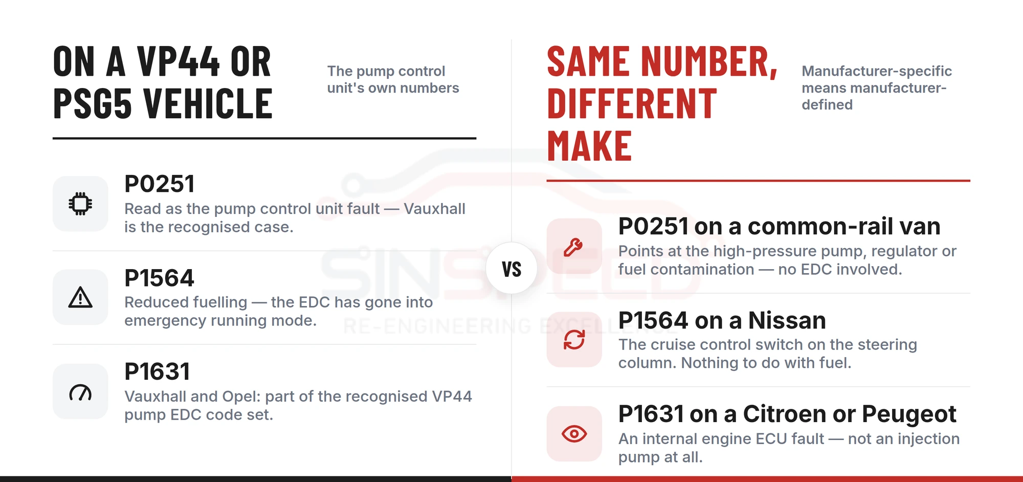 Comparison showing P0251, P1564 and P1631 as VP44/PSG5 pump codes on the left, against the same three numbers meaning a common-rail pump fault, a Nissan cruise control switch and a Citroen/Peugeot engine ECU fault on the right