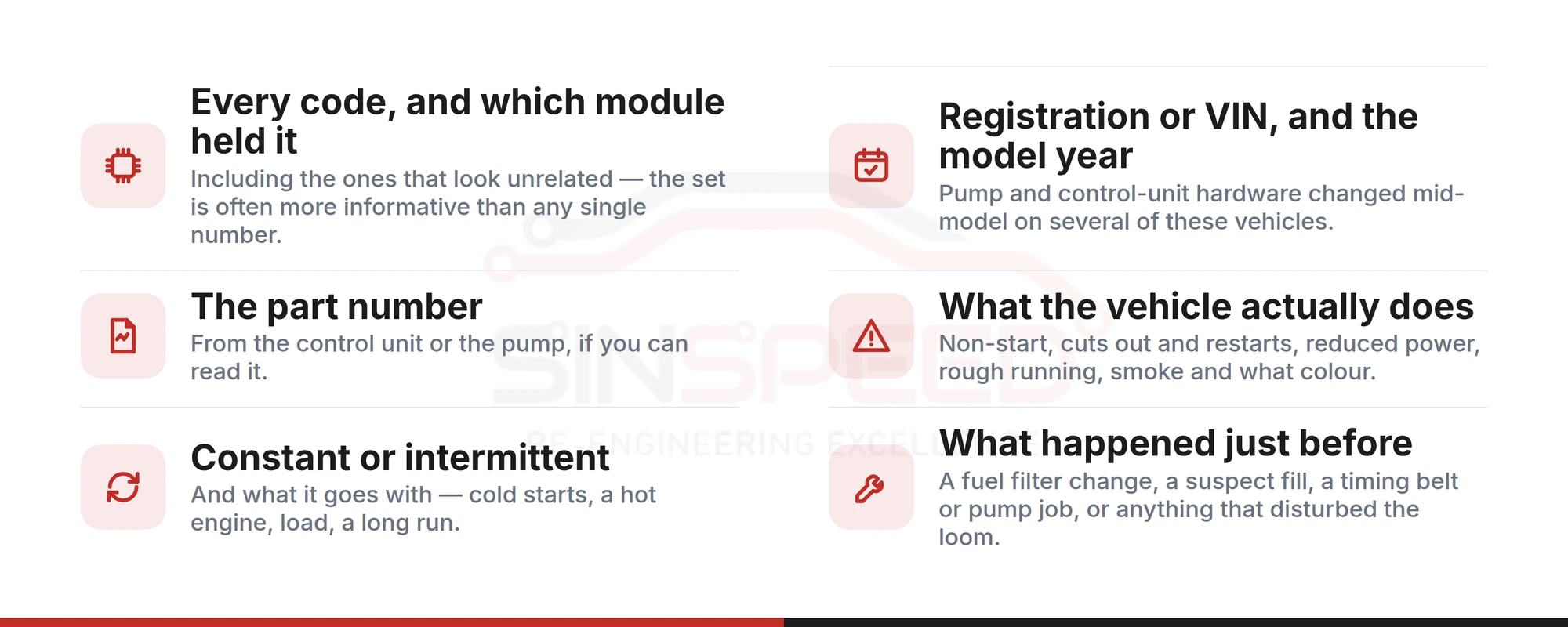 Checklist of what to send with a diesel pump EDC repair form: every code and which module held it, registration or VIN and model year, part number, what the vehicle does, constant or intermittent, and what happened just before