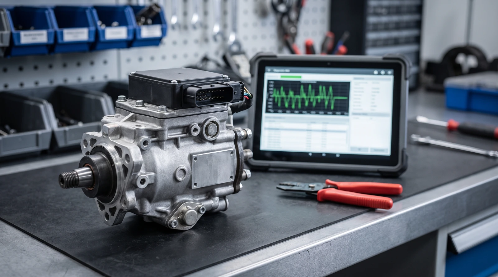 Bosch VP44-style rotary diesel injection pump with its electronic diesel control unit (EDC) bolted on top, on a UK auto-electronics workshop bench next to a diagnostic scan tool
