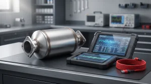 Intact diesel particulate filter canister on a UK auto-electronics workshop bench beside a diagnostic scan tool showing a regeneration status graph