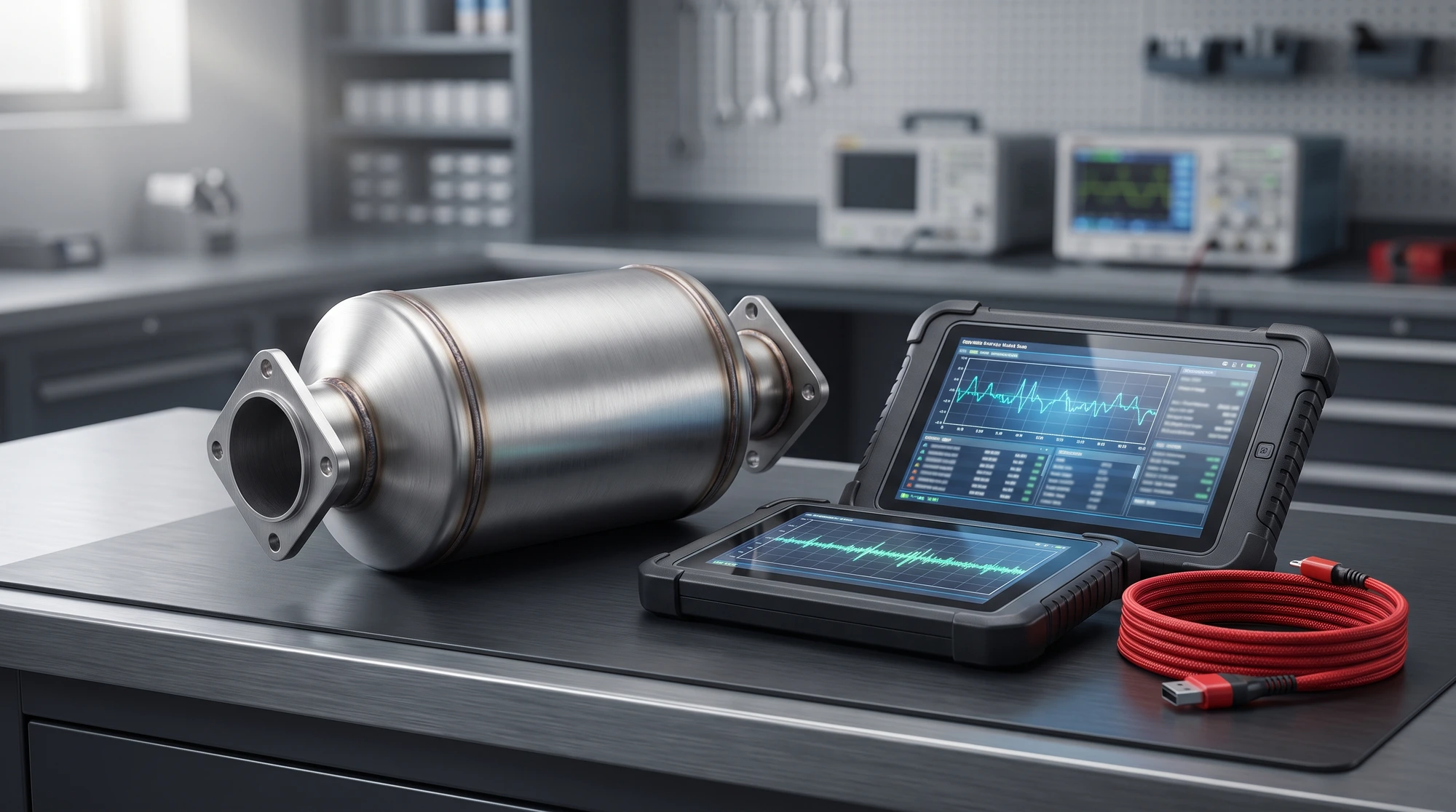 Intact diesel particulate filter canister on a UK auto-electronics workshop bench beside a diagnostic scan tool showing a regeneration status graph