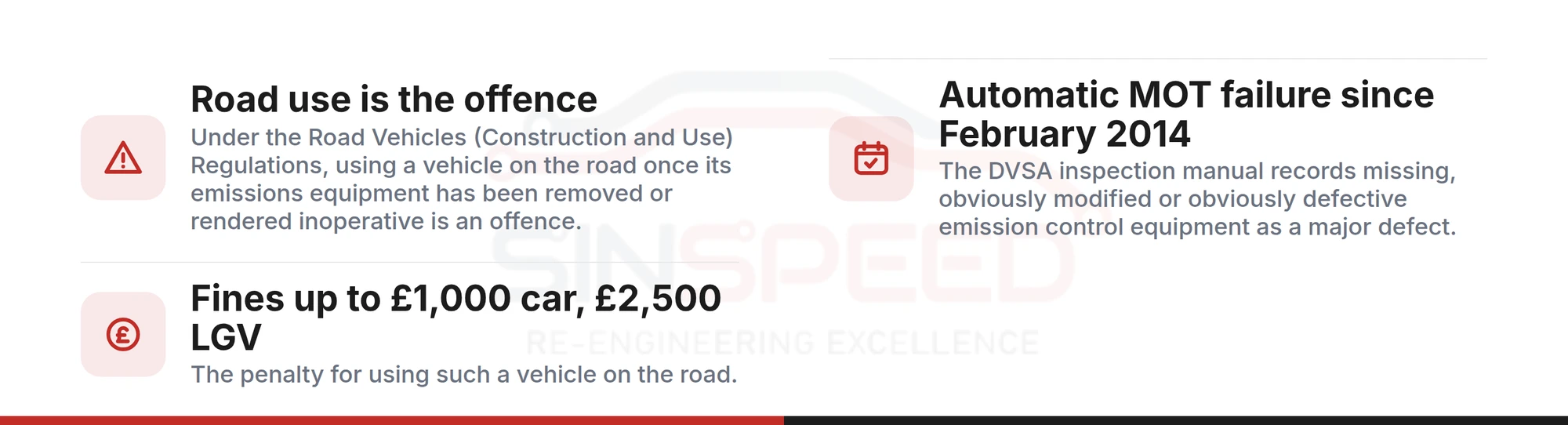 The three UK legal facts on DPF removal: road use is the offence under the Road Vehicles Construction and Use Regulations, automatic MOT failure since February 2014, and fines up to £1,000 for a car or £2,500 for a light goods vehicle