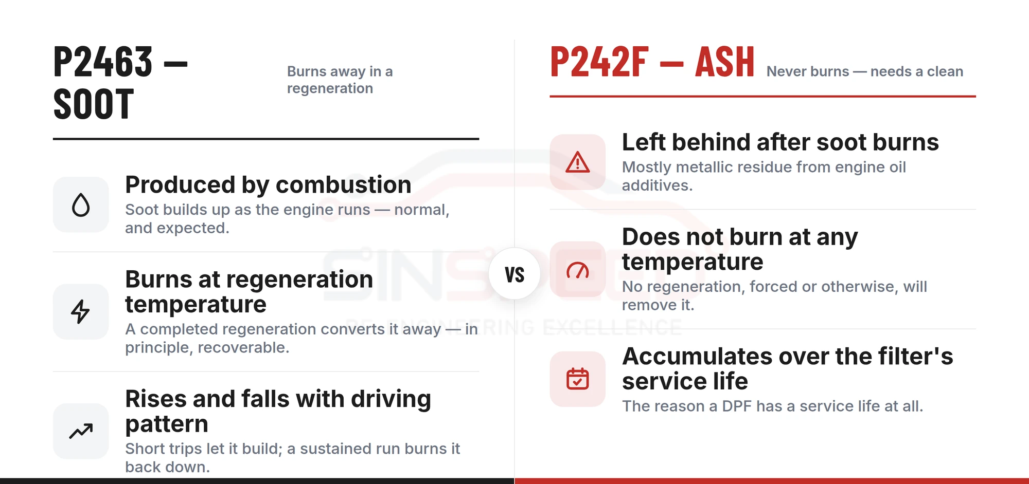 Comparison of P2463 soot (produced by combustion, burns at regeneration temperature, rises and falls with driving pattern) against P242F ash (left behind after soot burns, does not burn at any temperature, accumulates over the filter's service life)