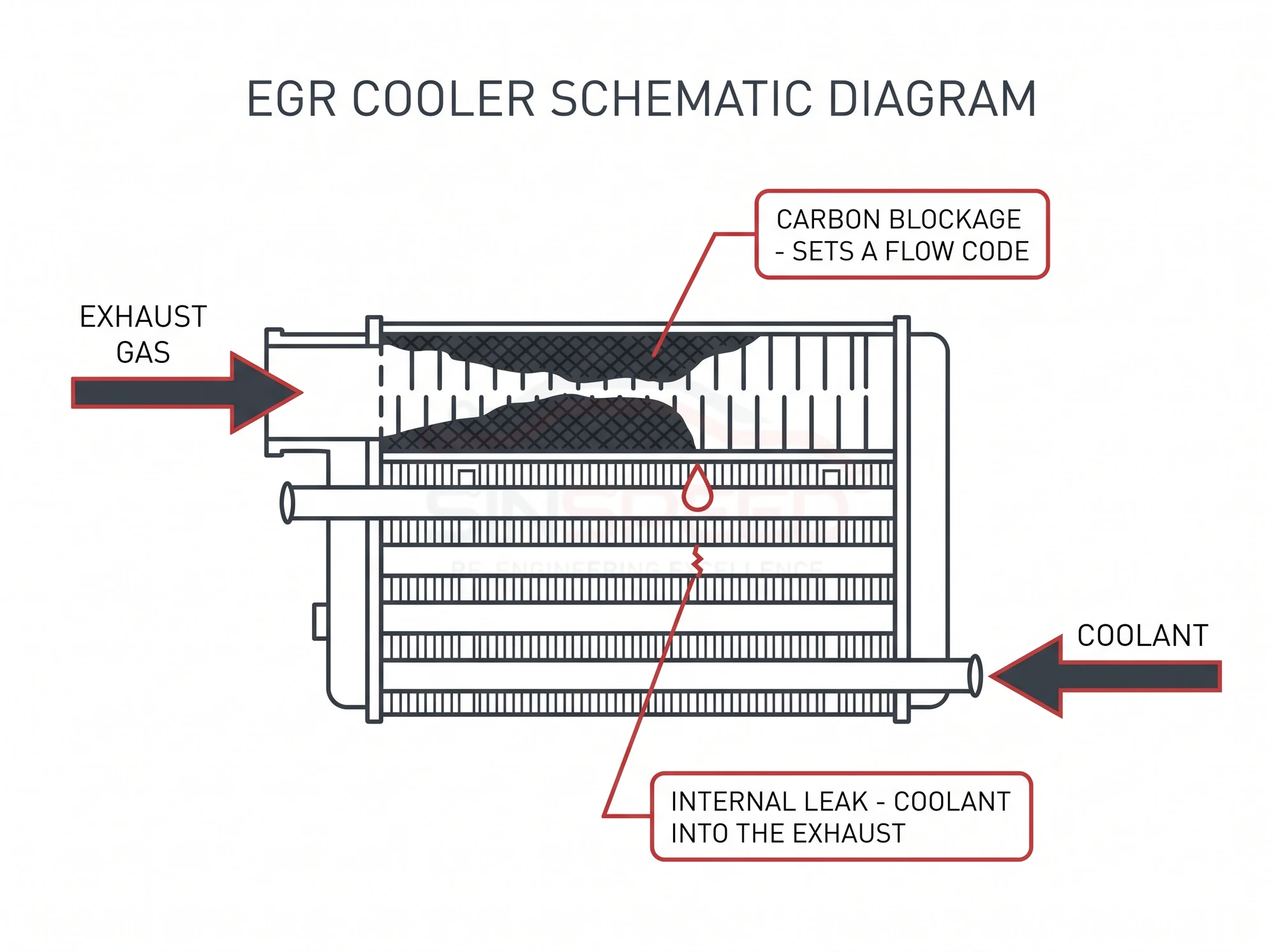 Schematic of an EGR cooler showing its two failure modes: carbon blockage setting a flow code, and an internal leak putting coolant into the exhaust