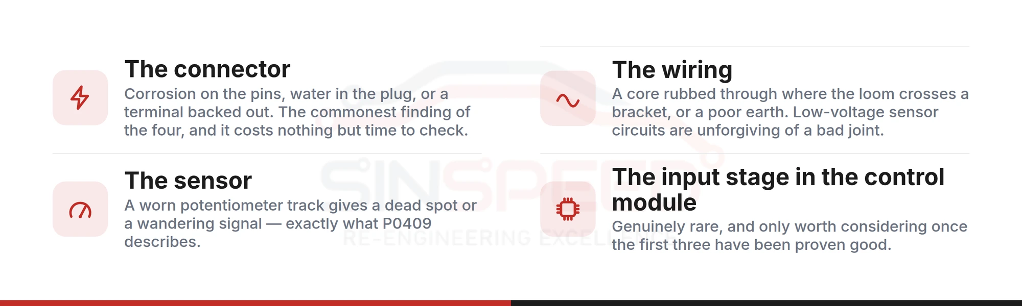 Checklist of what to check in order for P0405 and P0409: the connector, the wiring, the sensor, and the input stage in the control module