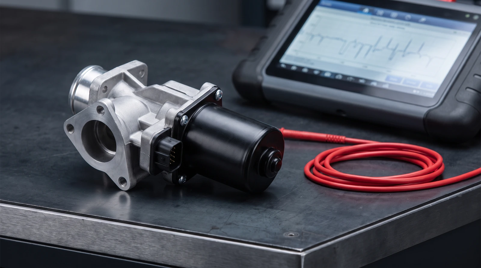 Electric EGR valve assembly with its position sensor connector on a UK auto-electronics workshop bench next to a diagnostic scan tool