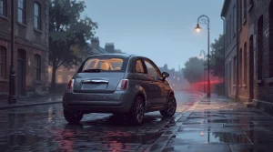 A small retro city hatchback parked on wet tarmac at dusk with a warm amber glow from the dashboard warning lamps visible through the rear window