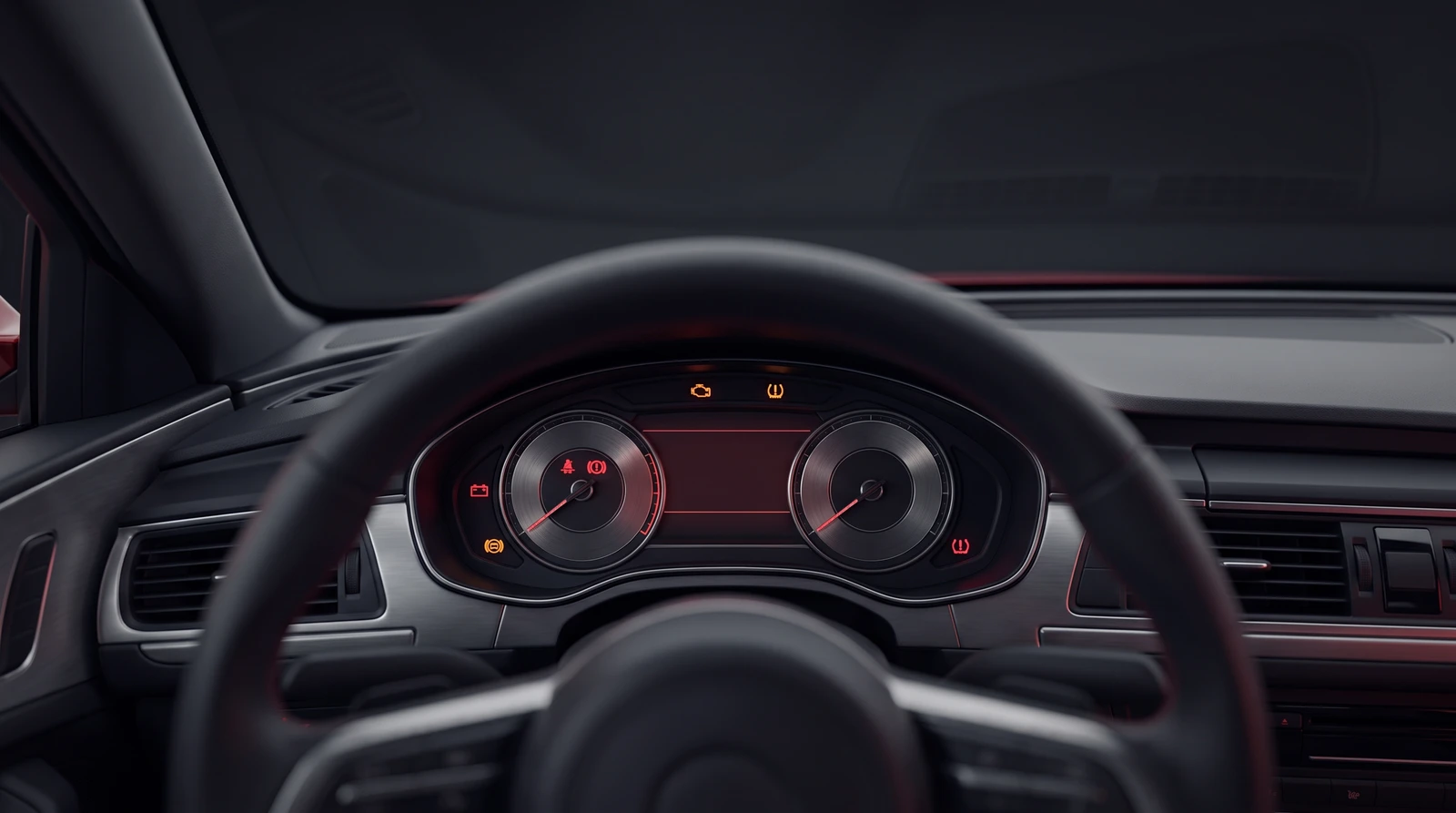 Driver's-eye view of a darkened car interior past the steering wheel, showing several red and amber warning lamps lit across the instrument cluster