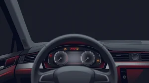 Driver's-eye view of a Ford Kuga-style dashboard at night with red and amber warning lamps lit on the instrument cluster