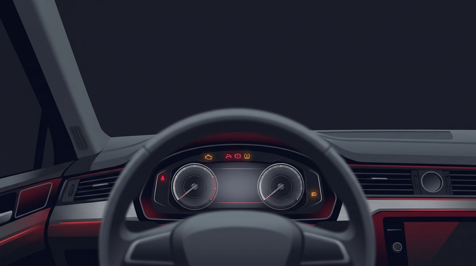 Driver's-eye view of a Ford Kuga-style dashboard at night with red and amber warning lamps lit on the instrument cluster
