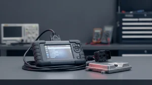 CAN bus diagnostic scan tool connected to a car wiring harness and control module on a workshop bench