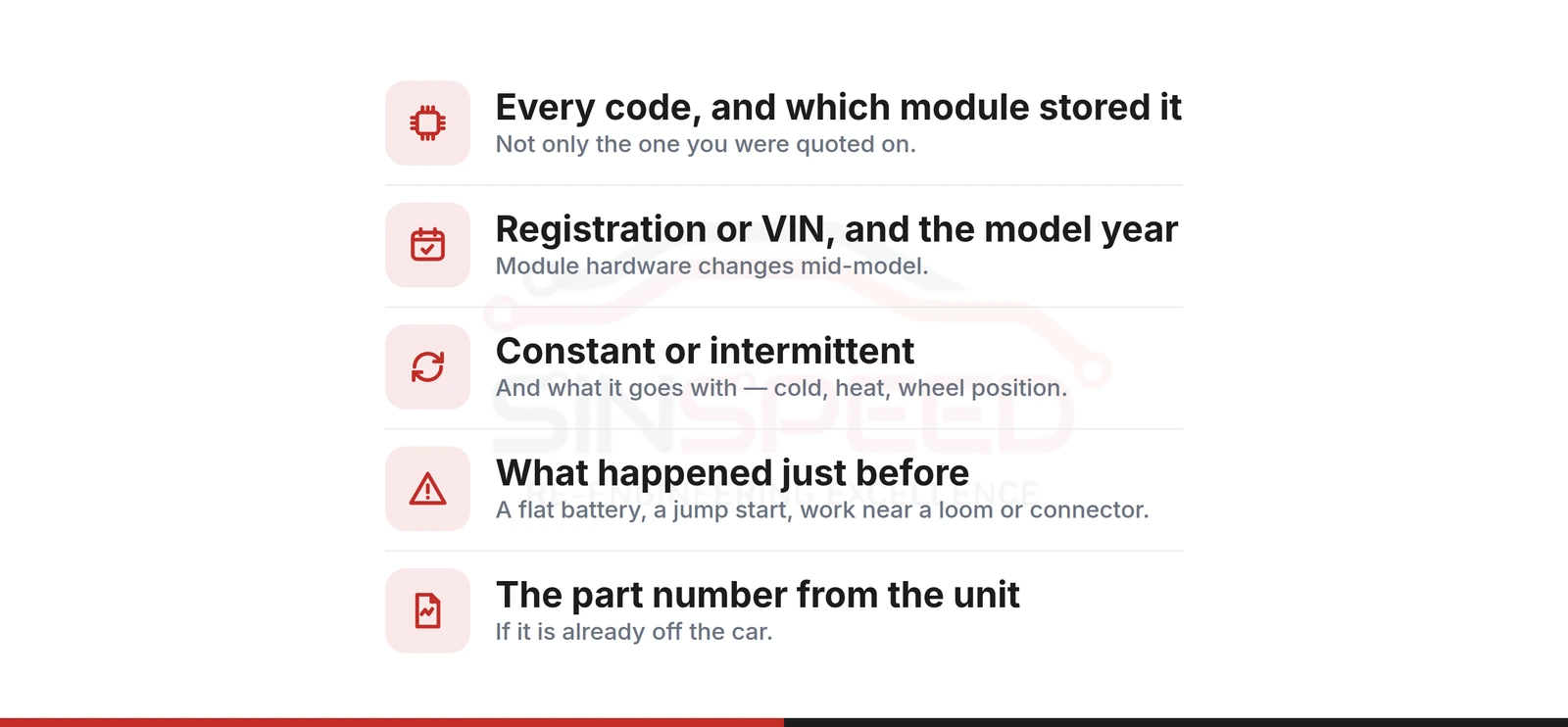 Checklist of what to send with a lost communication fault code repair: every code and which module stored it, registration or VIN and model year, constant or intermittent, what happened just before, and the part number from the unit