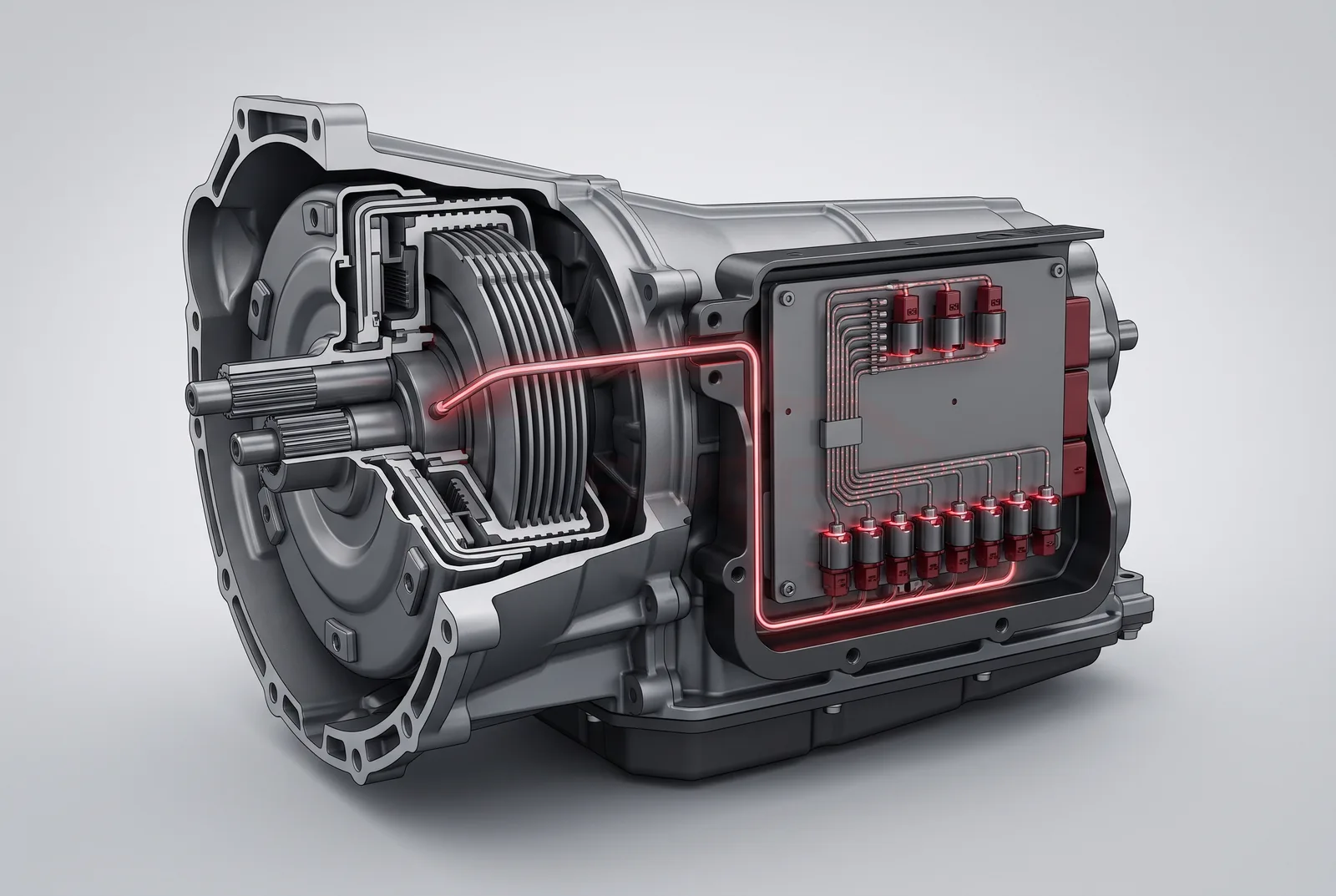 Cutaway illustration of a dual-clutch SST mechatronic unit showing the twin clutch packs and the integrated control board with solenoid valves