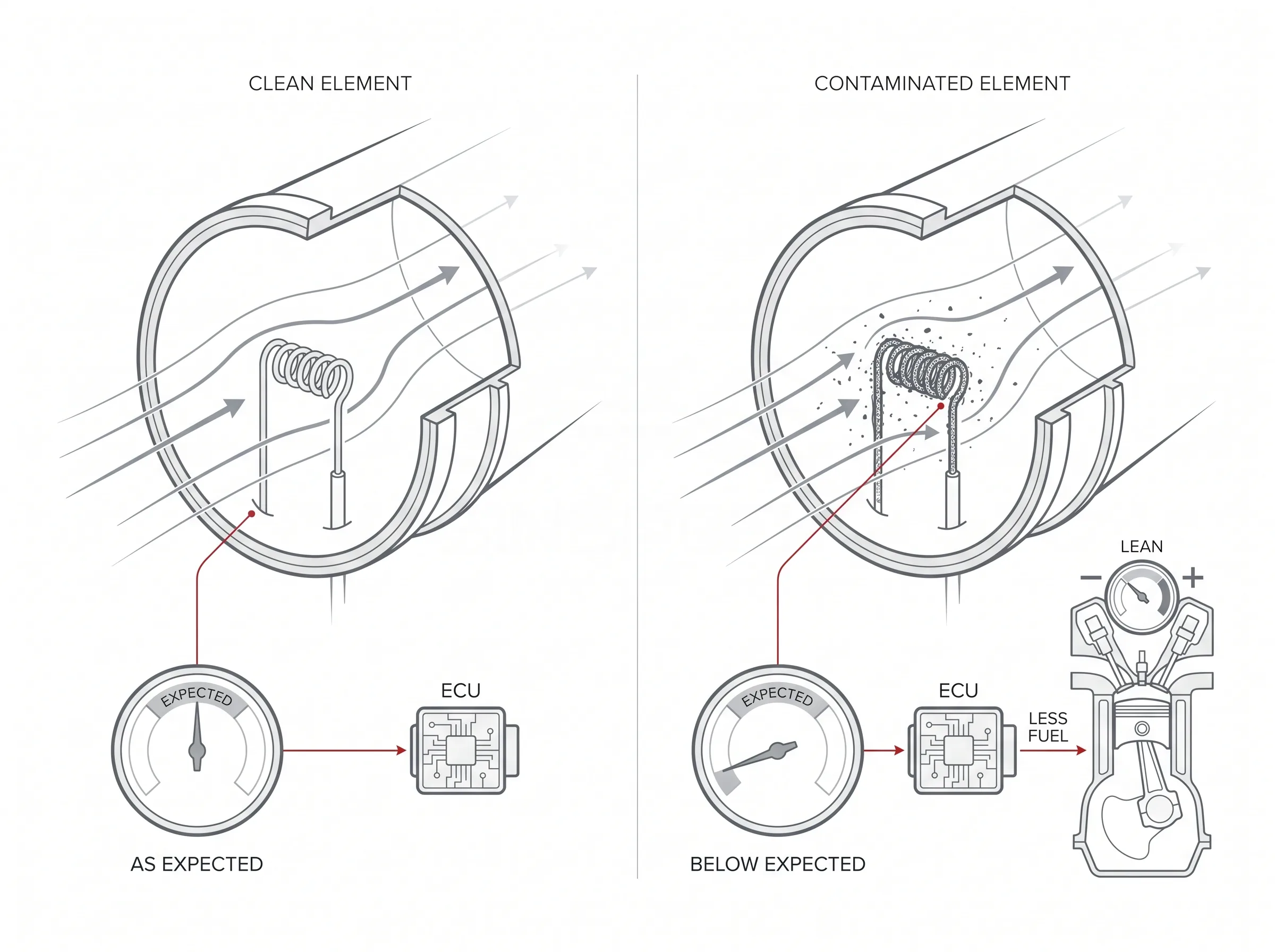 Diagram showing a clean mass air flow element reading inside the expected band versus a contaminated element reading below expected, causing the ECU to inject less fuel and the engine to run lean