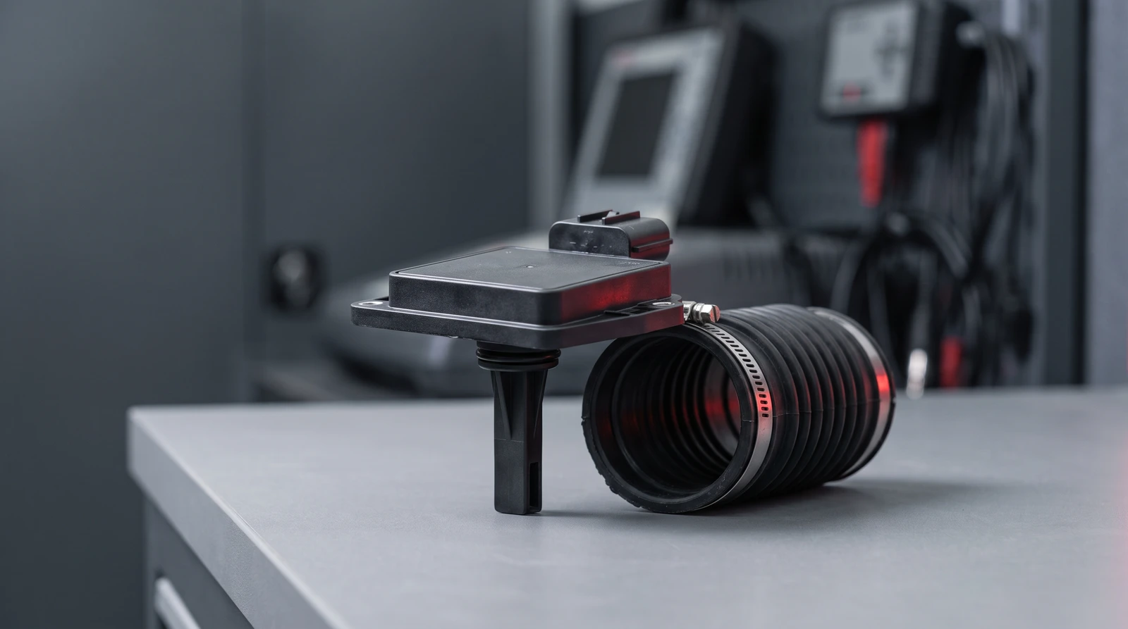 A plug-in mass air flow sensor, its electrical connector visible on top and its shrouded sensing probe below, seated at the mouth of a corrugated intake duct on a workshop bench