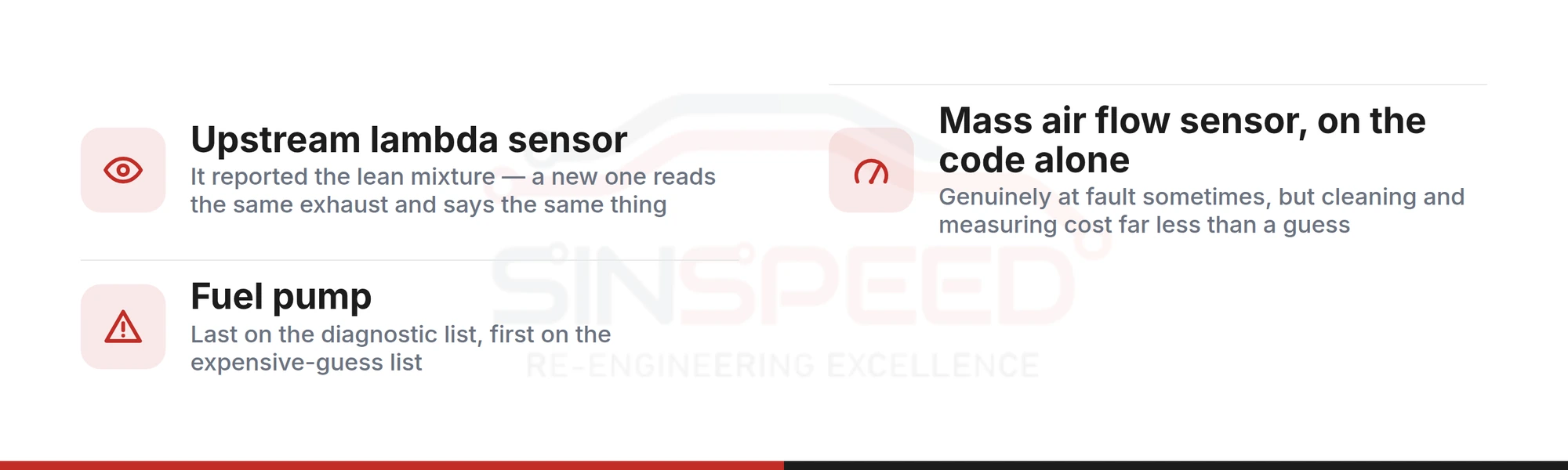 The three parts replaced first for a P0171 code that are rarely the fault: the upstream lambda sensor, the mass air flow sensor bought on the code alone, and the fuel pump
