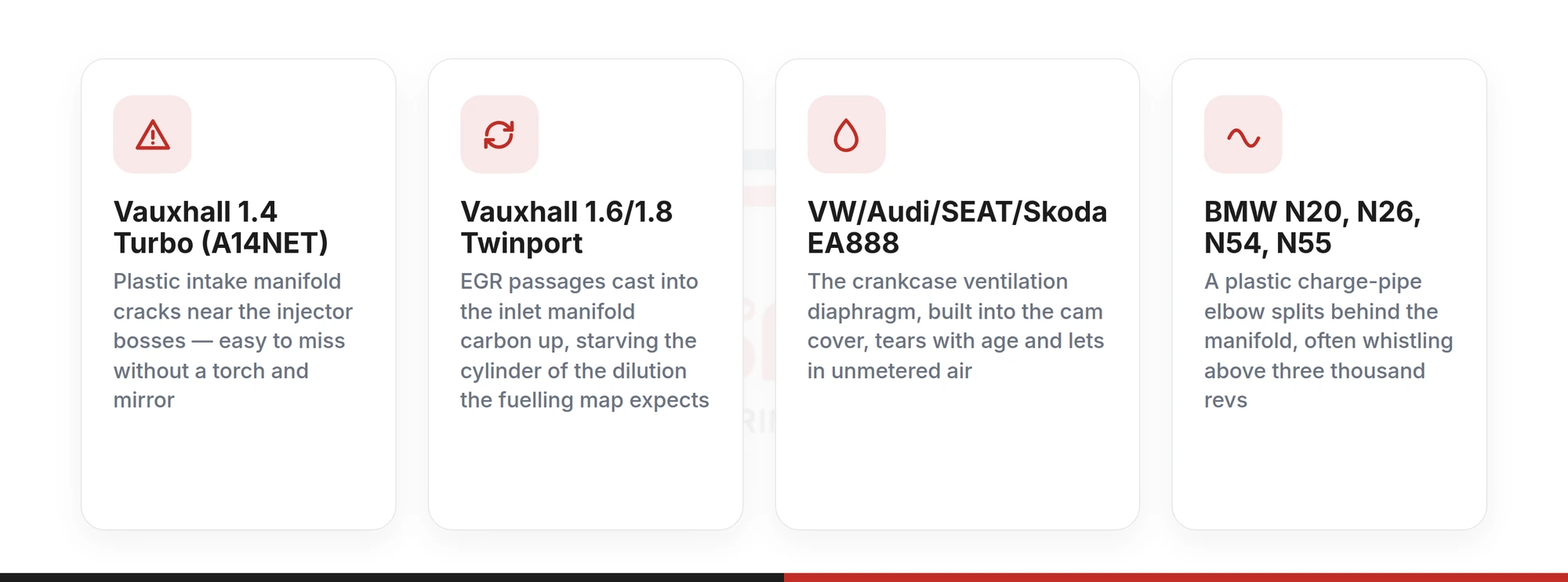 Four UK engines where a P0171 code keeps recurring: Vauxhall 1.4 Turbo A14NET intake manifold cracks, Vauxhall Twinport EGR carbon build-up, VW Audi SEAT Skoda EA888 crankcase diaphragm tears, and BMW N20 N26 N54 N55 charge-pipe splits