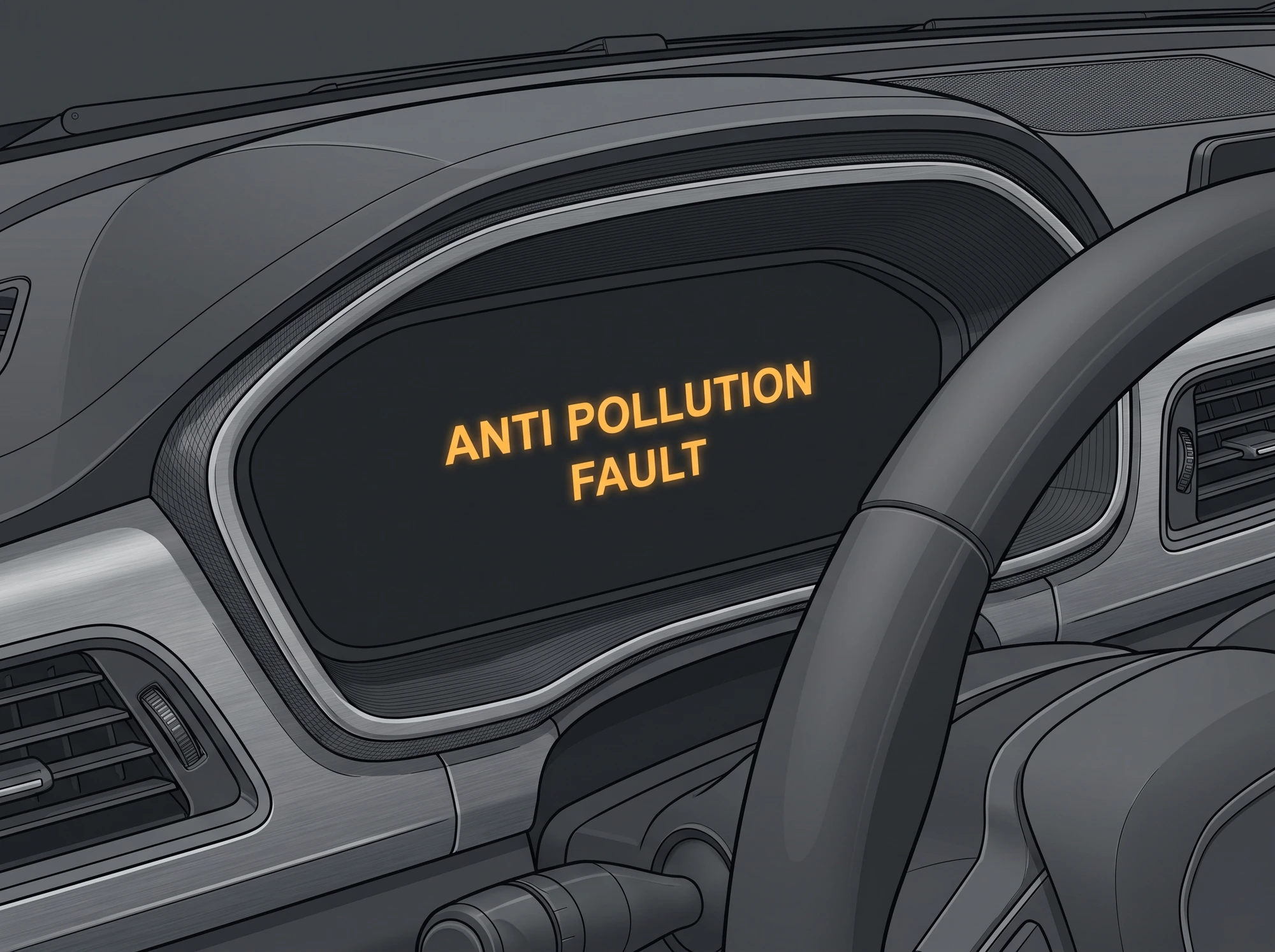 Peugeot 3008 instrument display showing the on-screen text message Anti Pollution Fault in amber, as it appears on the car rather than as a symbol