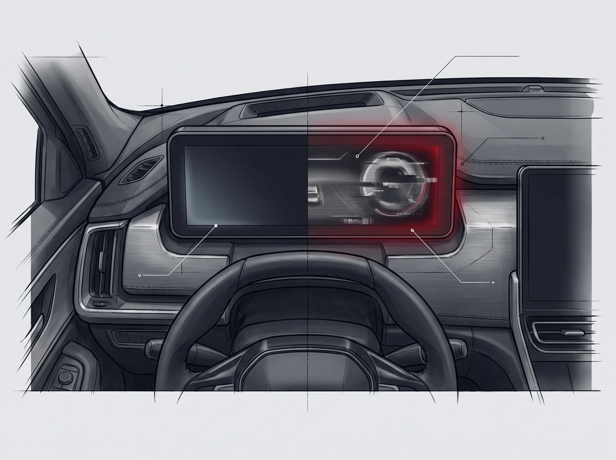 Technical illustration of a Peugeot 3008 digital instrument display half blank and half showing glitching, ghosted graphics, indicating a fault in the display module itself