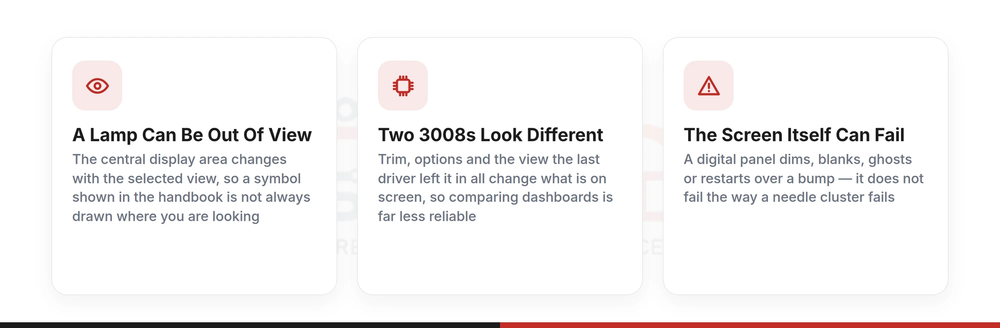 Three consequences of the Peugeot 3008's screen-based instrument panel: a lamp can be out of view, two 3008s can look different, and the screen itself can fail