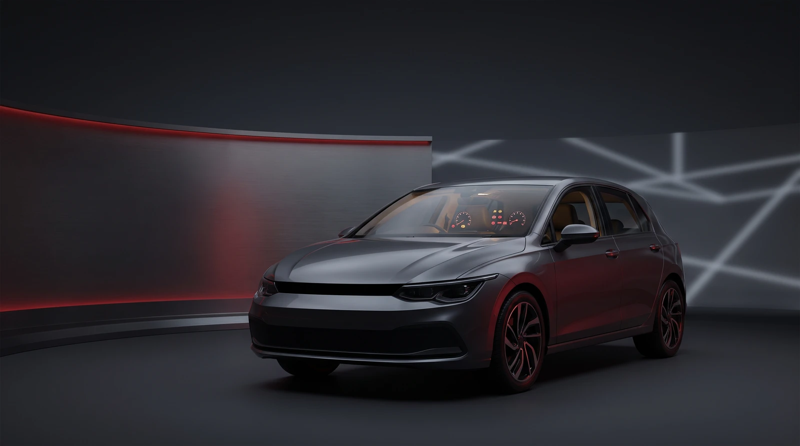 Illustration of a modern right-hand-drive hatchback at night with warning symbols glowing on its instrument cluster