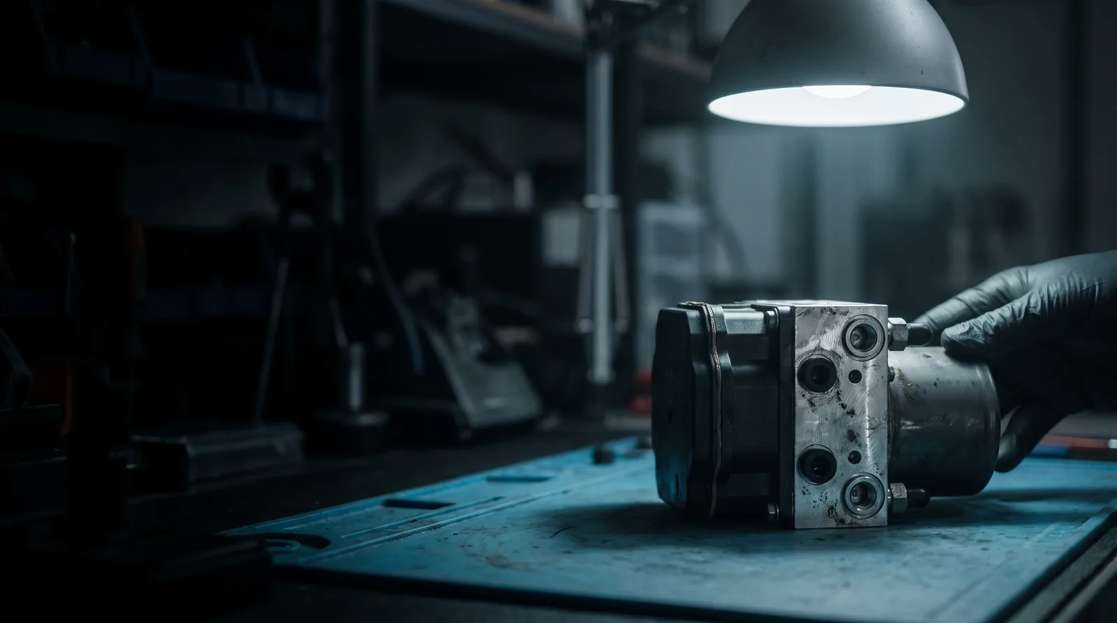 A machined aluminium ABS hydraulic control unit valve block with brake-line union ports and pump motor housing on a blue ESD-safe workbench in a dark automotive electronics repair workshop