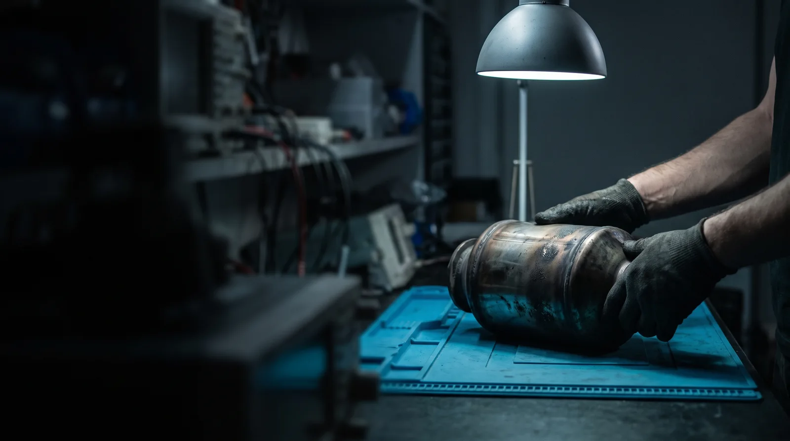 Gloved hands steadying a soot-marked diesel particulate filter canister on a blue ESD-safe workbench in a dark automotive electronics repair workshop