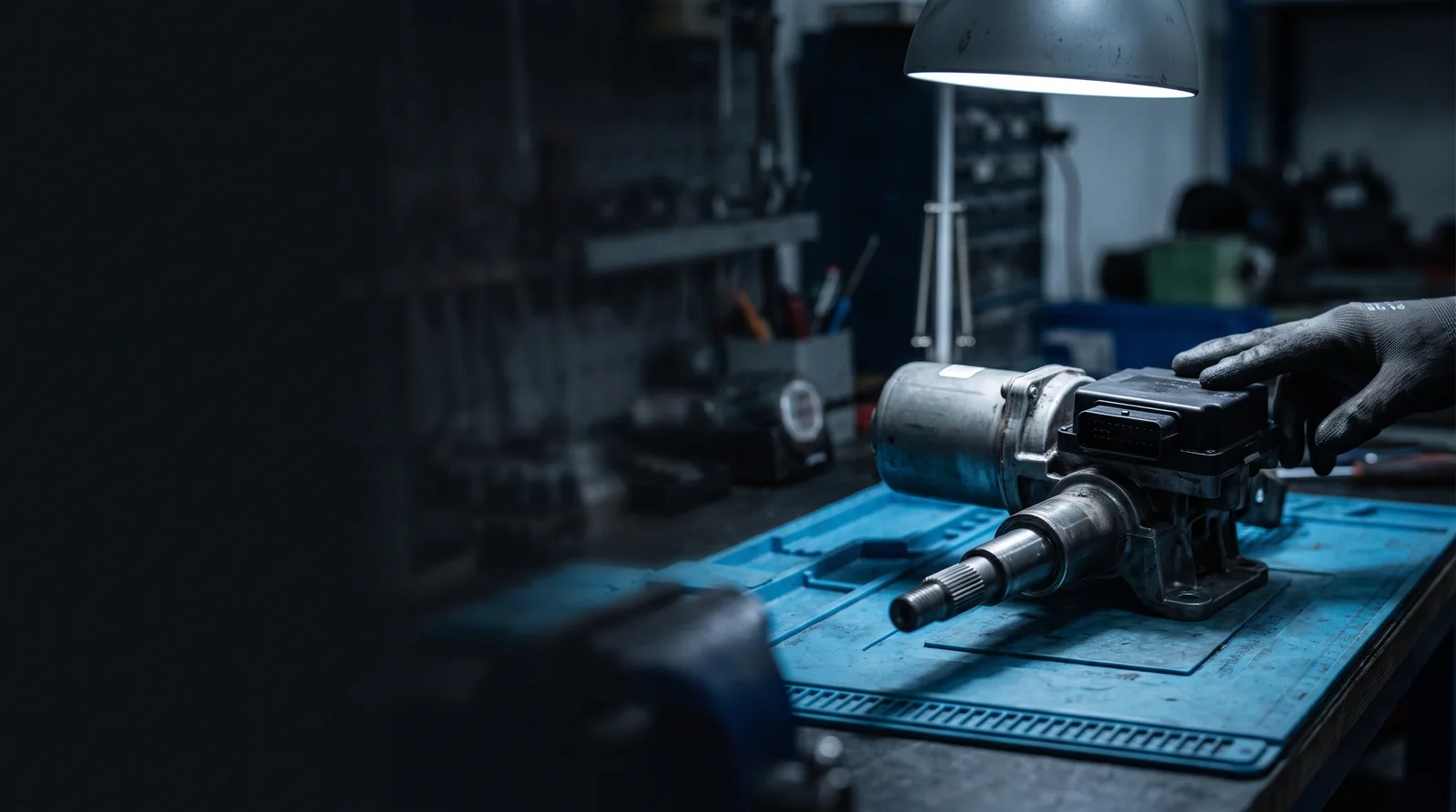An electric power steering column motor, ECU and splined shaft removed from a car, resting on a blue ESD-safe workbench in a dark automotive electronics repair workshop