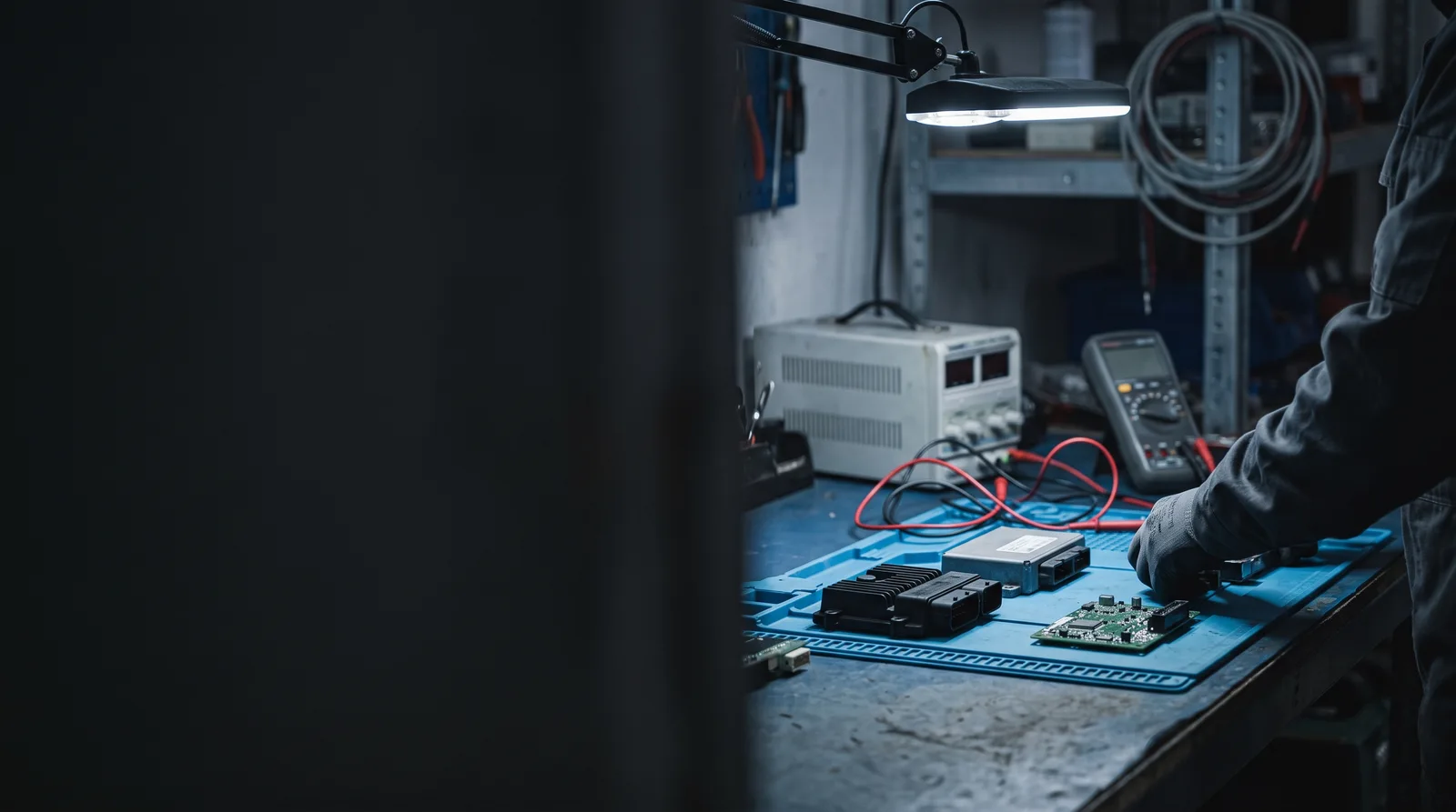 A scattered assortment of vehicle electronic control modules and a bare circuit board on a blue ESD-safe workbench in a dark automotive electronics repair workshop