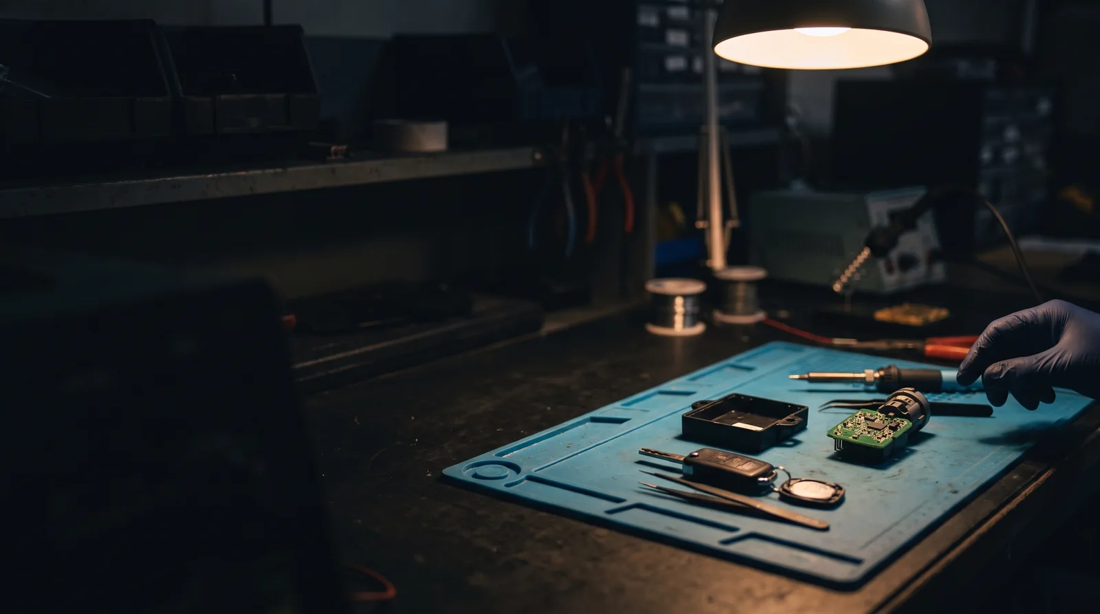 An opened car immobiliser control module beside a key and soldering tools on a blue ESD-safe workbench in a dark automotive electronics repair workshop