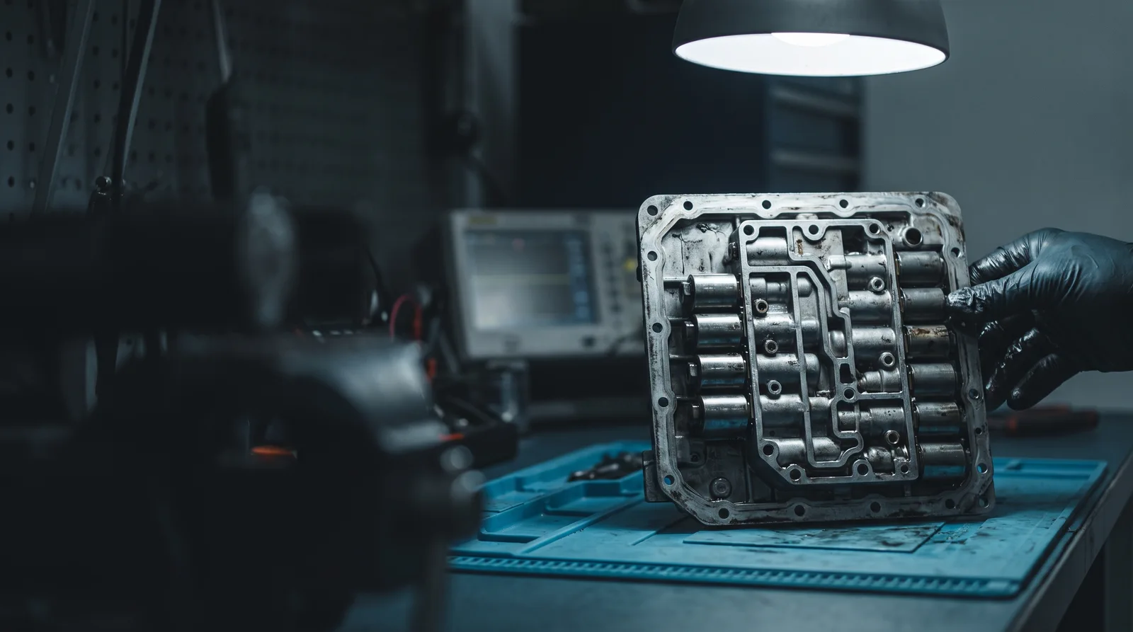 A bare cast-alloy automatic gearbox mechatronic valve body with solenoids and hydraulic channels on a blue ESD-safe workbench in a dark automotive electronics repair workshop