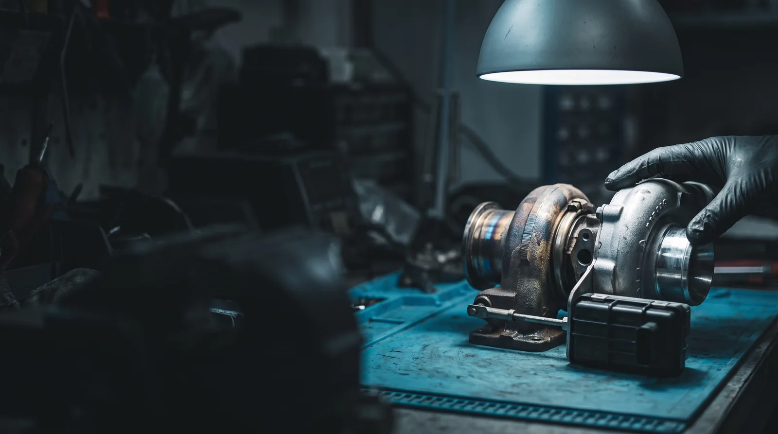 A turbocharger with its electronic actuator and heat-discoloured turbine housing on a blue ESD-safe workbench in a dark automotive electronics repair workshop