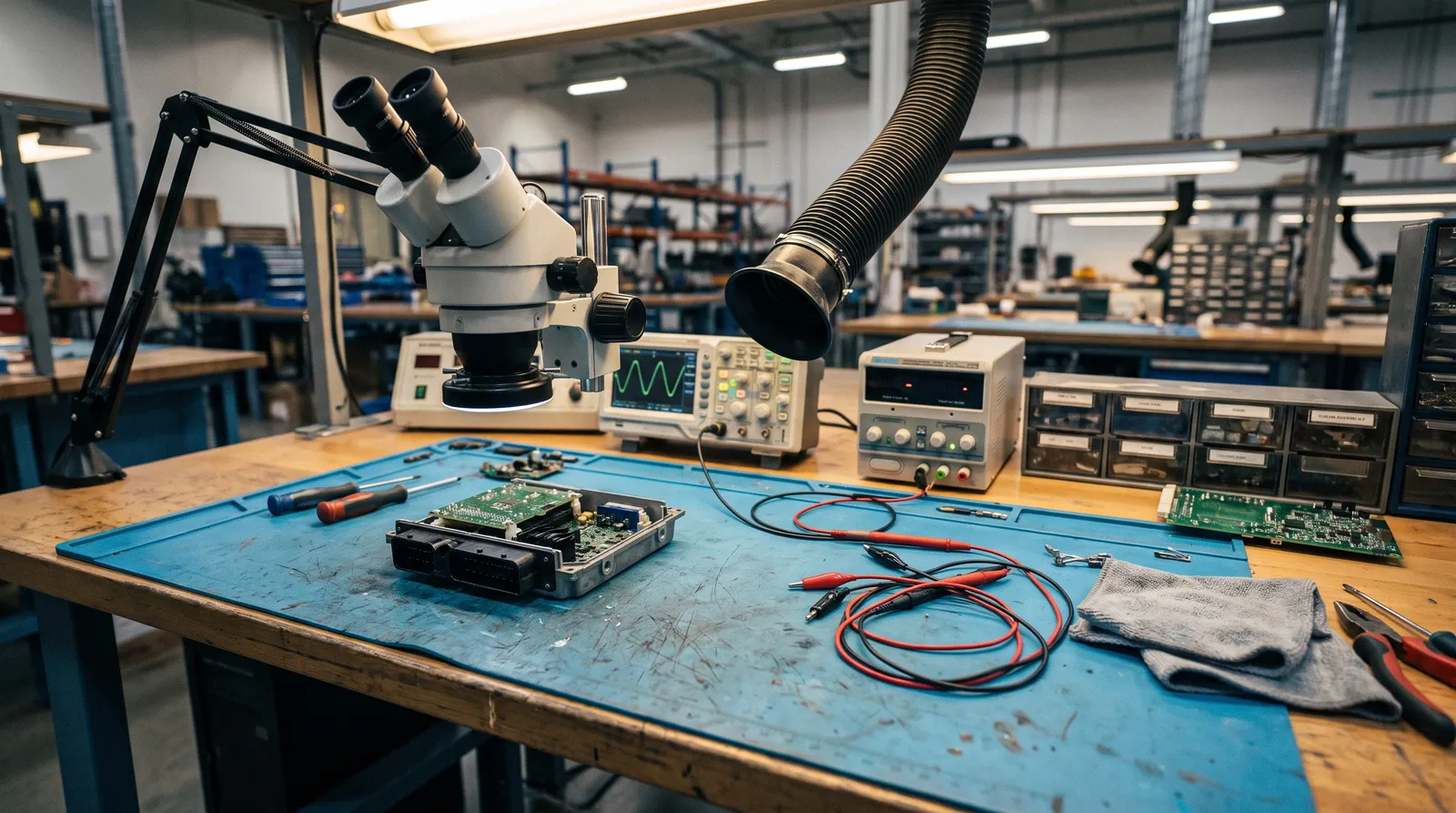 An ESD-safe technician workbench in the Sinspeed automotive electronics workshop, with vehicle control modules, soldering and test equipment laid out under a task lamp