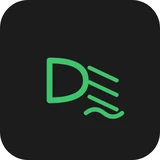 Green front fog light indicator symbol - a lamp with straight beams crossed by a wavy line